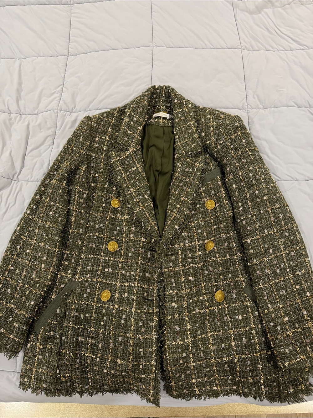 Ramy Brook Olive Green Tweed Double-Breasted Blazer with Gold Buttons